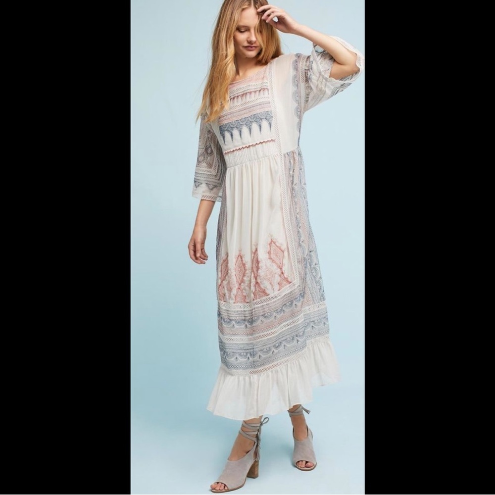 Anthropologie Maeve Toronto Womens Boho Embroider Peasant Midi Dress Bell Sleeve - Picture 1 of 13